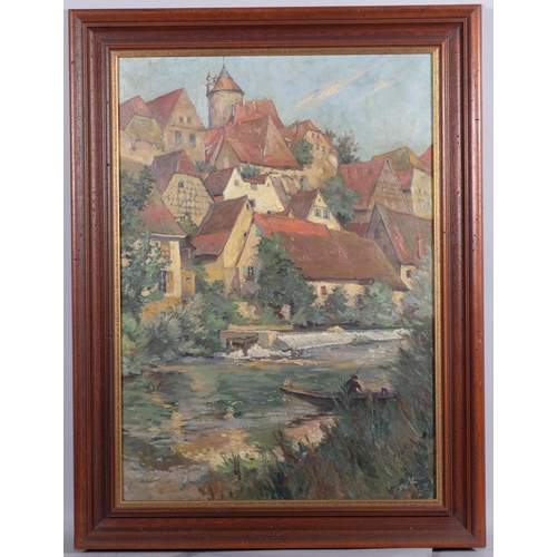 663 - Wenck, Continental village scene, oil on canvas, 70cm x 50cm, framed