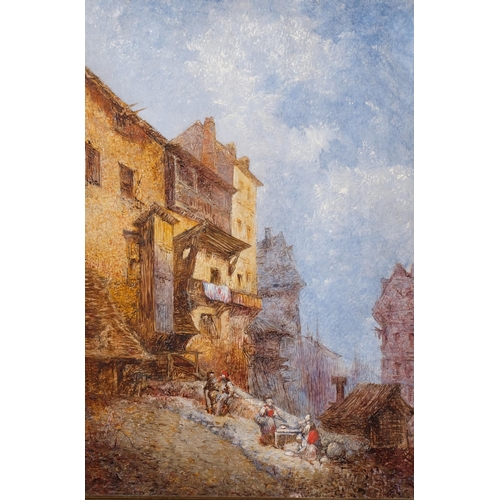 664 - Continental village scene, 19th century oil on panel, unsigned, 34cm x 24cm, framed