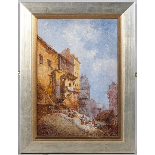 664 - Continental village scene, 19th century oil on panel, unsigned, 34cm x 24cm, framed