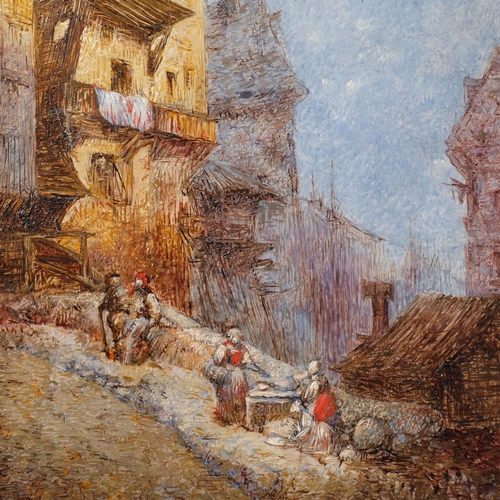 664 - Continental village scene, 19th century oil on panel, unsigned, 34cm x 24cm, framed