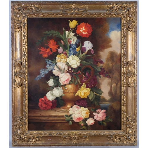 667 - M Van Os (1780 - 1862), still life flowers in an urn, oil on canvas, 75cm x 62cm, framed