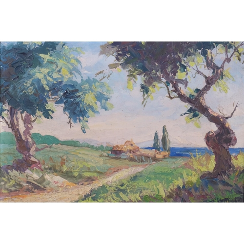 673 - Impressionist landscape, mid-20th century oil on board, indistinctly signed, 19cm x 27cm, framed