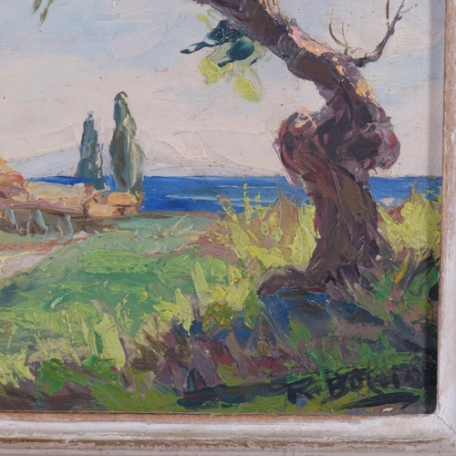 673 - Impressionist landscape, mid-20th century oil on board, indistinctly signed, 19cm x 27cm, framed