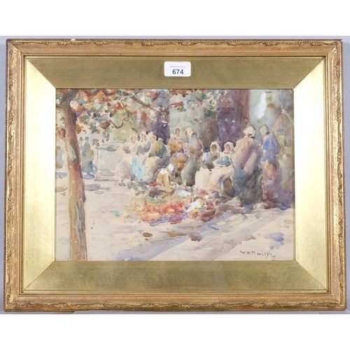 674 - Thomas William Morley (1859 - 1925), Continental market, watercolour, 1910?, 26cm x 35cm, framed