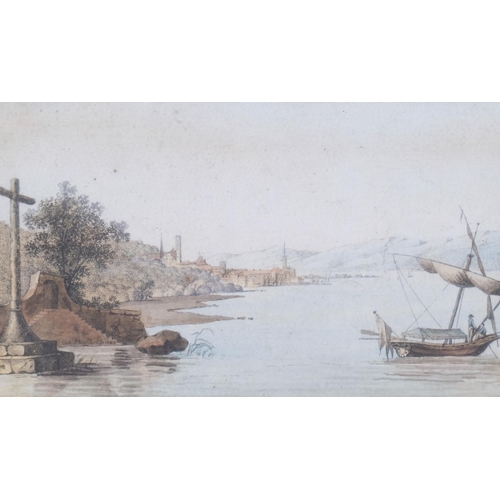 677 - 18th century Italian School, boat on Lake Geneva, watercolour, 8cm x 13cm, framed