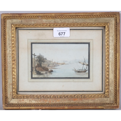 677 - 18th century Italian School, boat on Lake Geneva, watercolour, 8cm x 13cm, framed