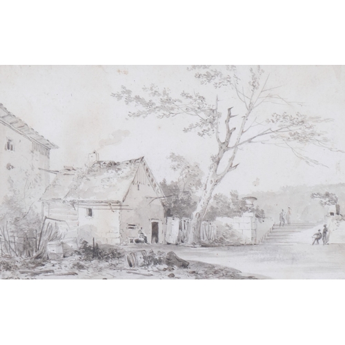 679 - Louis-Gabriel Moreau (1740 - 1806), Continental buildings, monochrome watercolour, 1792, 15.5cm x 25... 