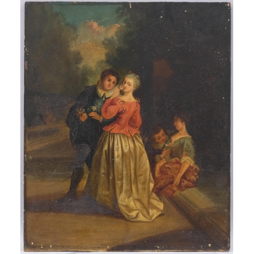 680 - Romantic garden scene, 19th century oil on wood panel, unsigned, 46cm x 38cm, unframed