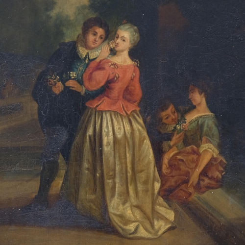 680 - Romantic garden scene, 19th century oil on wood panel, unsigned, 46cm x 38cm, unframed