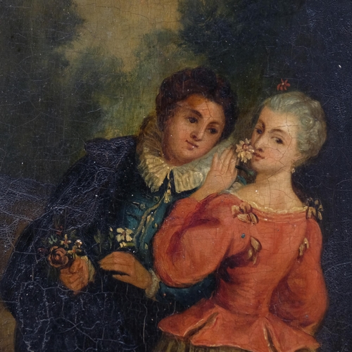 680 - Romantic garden scene, 19th century oil on wood panel, unsigned, 46cm x 38cm, unframed