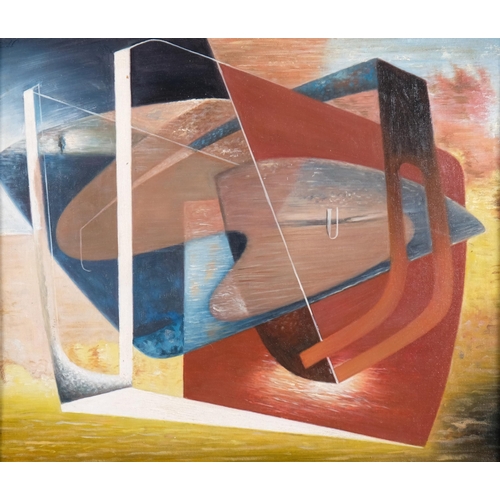 682 - Style of John Tunnard, contemporary surrealist composition, oil on board, 41cm x 49cm, framed