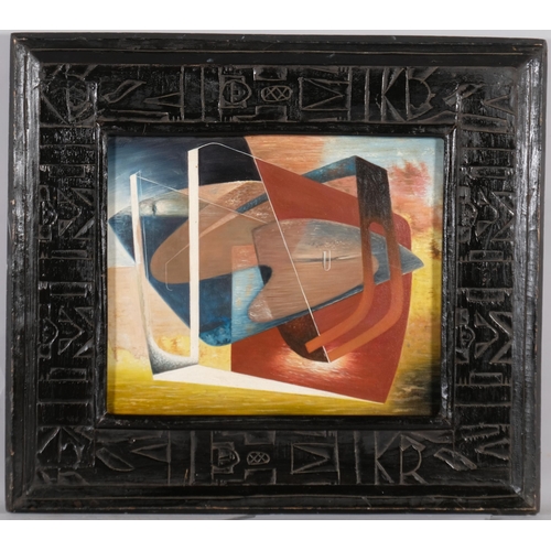 682 - Style of John Tunnard, contemporary surrealist composition, oil on board, 41cm x 49cm, framed