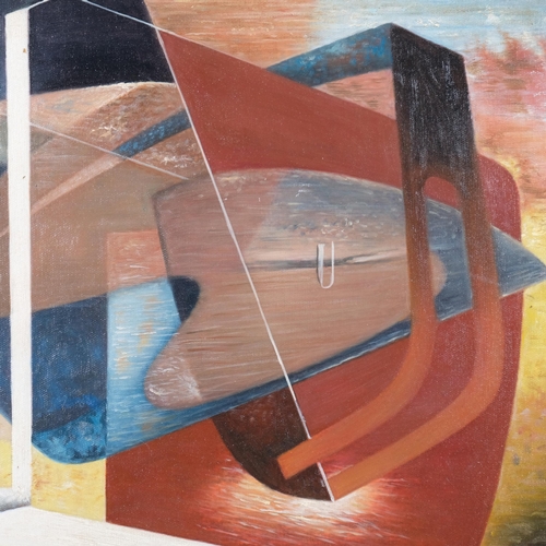 682 - Style of John Tunnard, contemporary surrealist composition, oil on board, 41cm x 49cm, framed