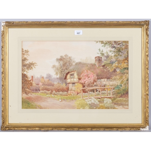 687 - James Matthews, thatched country cottages, watercolour, 33cm x 51cm, framed