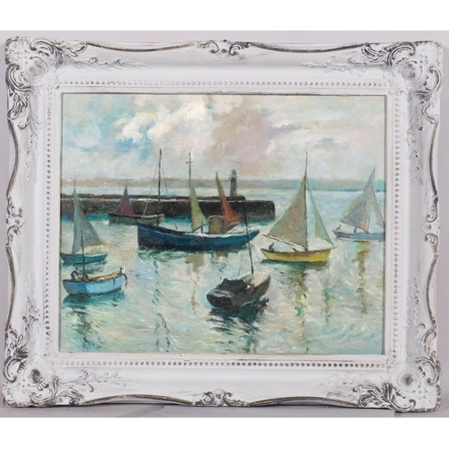 688 - Cornish harbour scene, contemporary oil on board, unsigned, 40cm x 52cm, framed