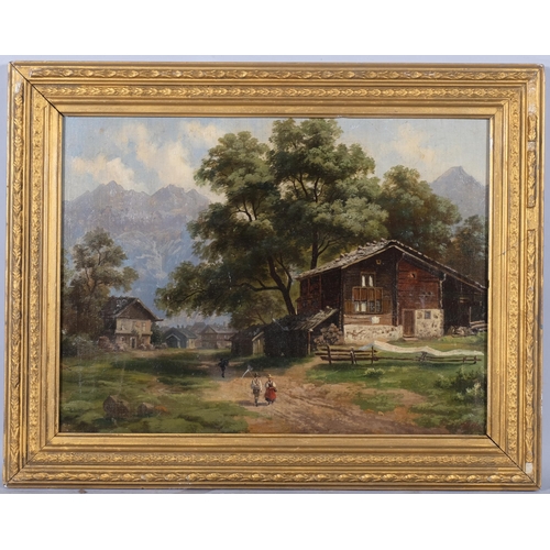 689 - Abraham Hulk, Alpine village scene, oil on canvas laid on board, 36cm x 48cm, framed