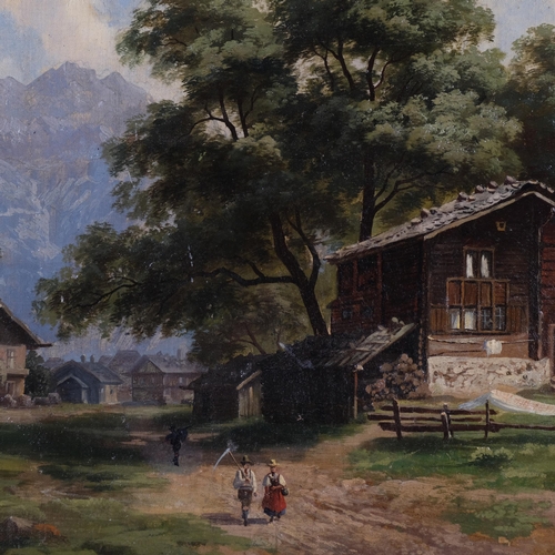 689 - Abraham Hulk, Alpine village scene, oil on canvas laid on board, 36cm x 48cm, framed