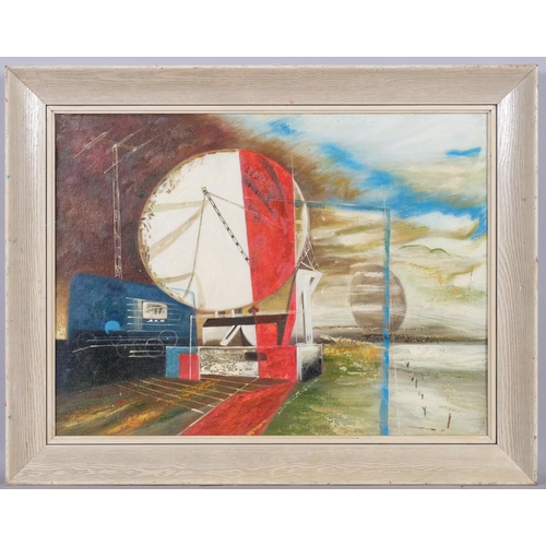 691 - Style of John Tunnard, surrealist composition, oil on board, 45cm x 61cm, framed