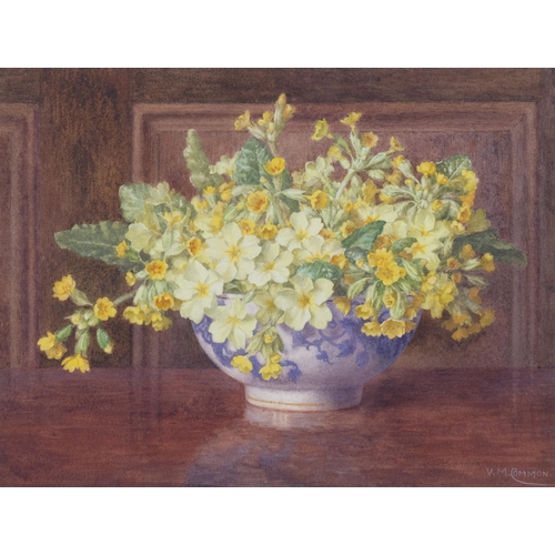 693 - Violet Common (1867 - 1952), primroses and cowslips, watercolour, 27cm x 36cm, framed