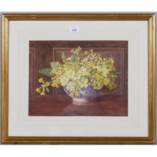 693 - Violet Common (1867 - 1952), primroses and cowslips, watercolour, 27cm x 36cm, framed