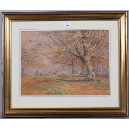 694 - Gypsy encampment, early 20th century watercolour, unsigned, 31cm x 43cm, framed