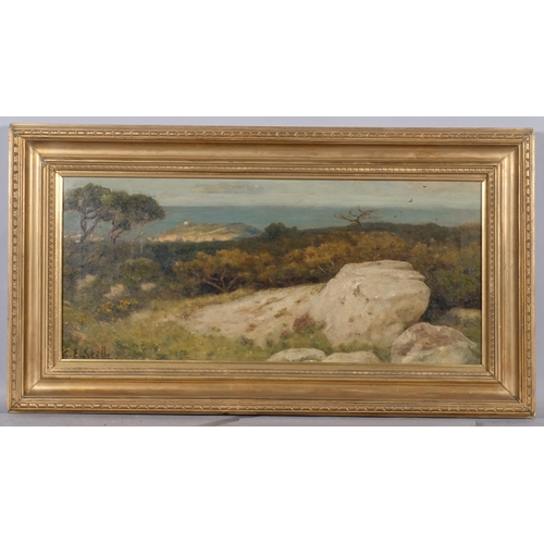 695 - G E Stille, Continental coastal view, oil on canvas, 31cm x 66cm, framed