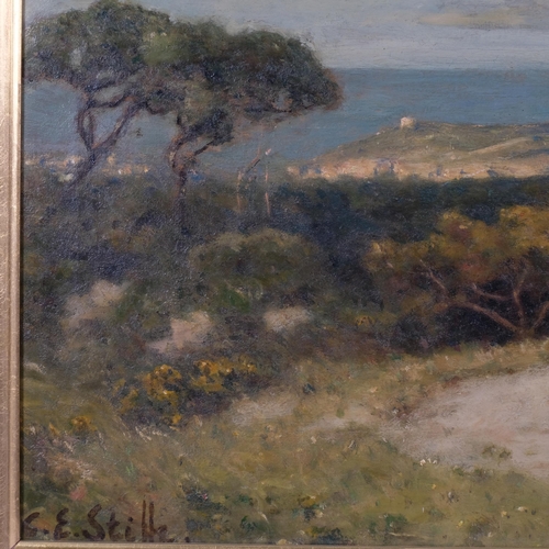 695 - G E Stille, Continental coastal view, oil on canvas, 31cm x 66cm, framed