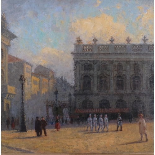 697 - Lewis George Fry (1860 - 1933), Continental city scene, oil on board, 51cm x 64cm, framed