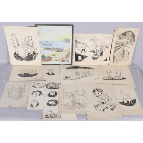 702 - Hickey, folder of original pen and ink cartoons and graphic designs, together with a watercolour ill... 