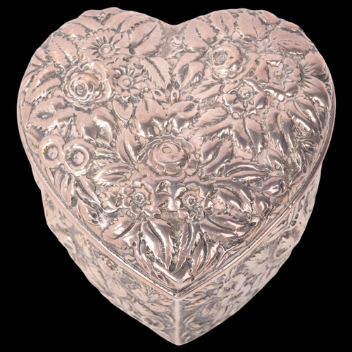 1754 - An American sterling silver heart dressing table box and cover, Harris & Shafer, allover relief embo... 