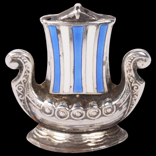 1768 - AKSEL HOLMSEN - a Danish sterling silver and enamel Viking Revival 'Viking Ship' hat pin holder, 4cm... 