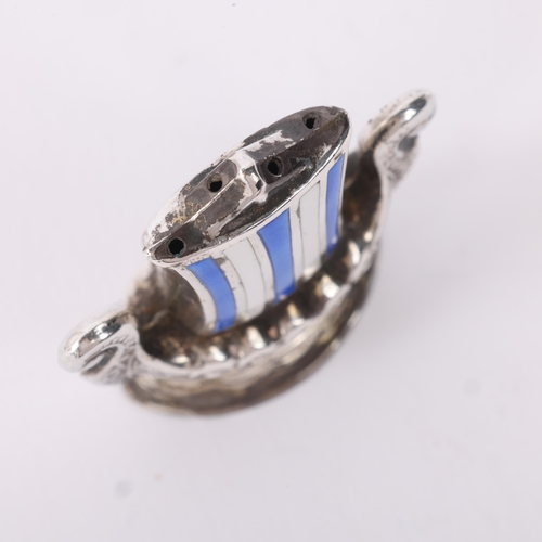 1768 - AKSEL HOLMSEN - a Danish sterling silver and enamel Viking Revival 'Viking Ship' hat pin holder, 4cm... 