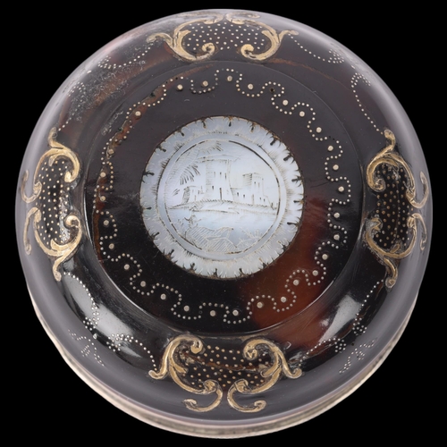 1770 - An Antique French silver-mounted tortoiseshell pique inlaid Neopolitan box and cover, circular form ... 