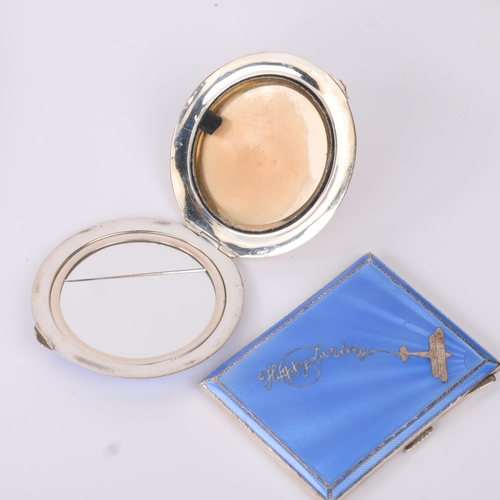 1785 - An Art Deco George V silver and blue enamel 'Happy Landings' matching cigarette case and powder comp... 