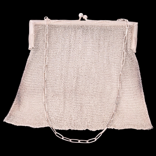 1791 - A large Art Deco Australian sterling silver chainmail evening bag purse, with applied ribbon frame, ... 