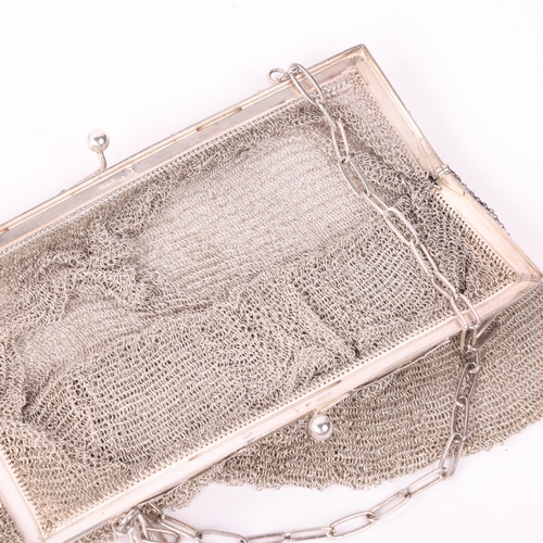 1791 - A large Art Deco Australian sterling silver chainmail evening bag purse, with applied ribbon frame, ... 