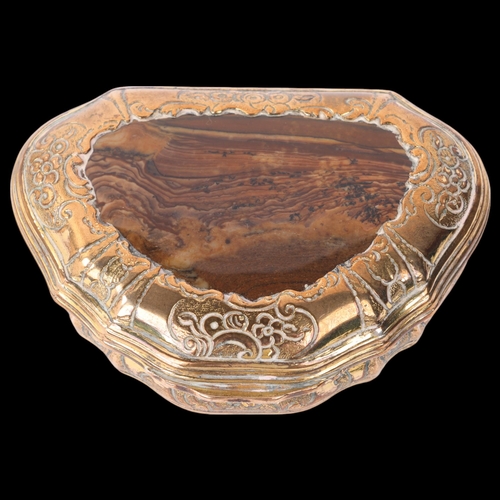 1796 - A George II brass agate hardstone snuffbox, circa 1760, bulbous cartouche form with inset polished a... 