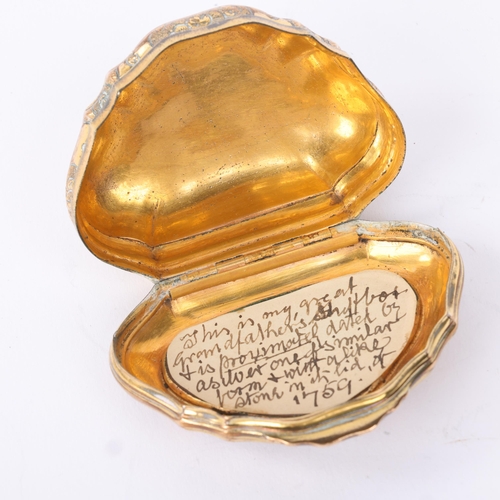 1796 - A George II brass agate hardstone snuffbox, circa 1760, bulbous cartouche form with inset polished a... 