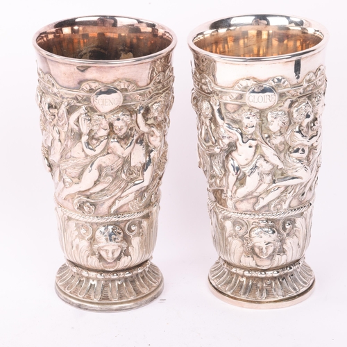 1822 - A pair of good quality Antique French electroplate drinking beakers, allover relief cast figural dec... 