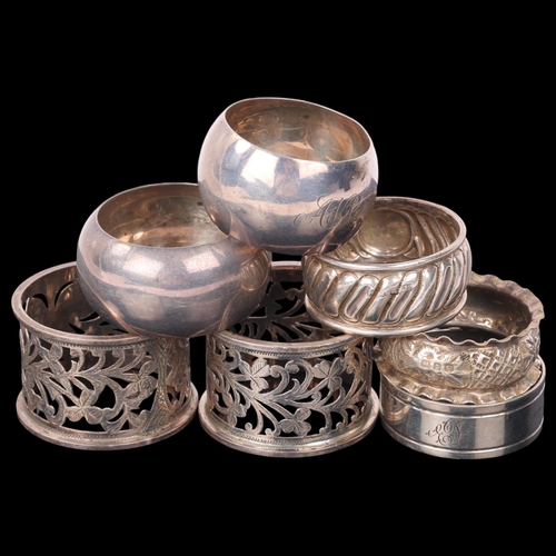 1831 - Various silver napkin rings, including shamrock example, 4.6oz total