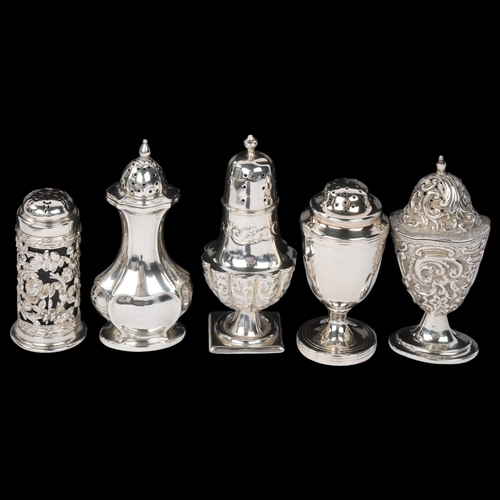 1842 - 5 Antique silver pepperettes, including Nathan & Hayes, Birmingham 1894 urn example, largest 10.5cm,... 