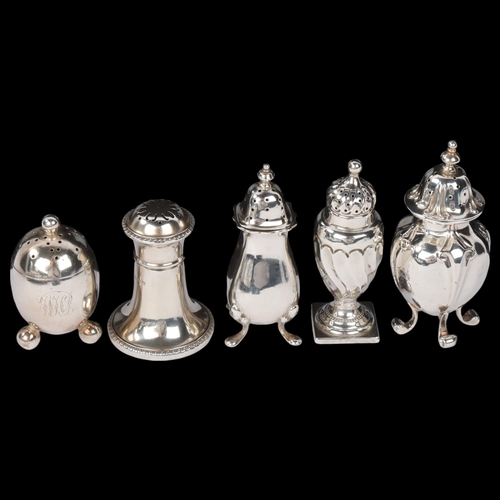 1843 - 5 Antique silver pepperettes, including Thomas Bradbury & Sons, London 1884 egg example, largest 8.5... 