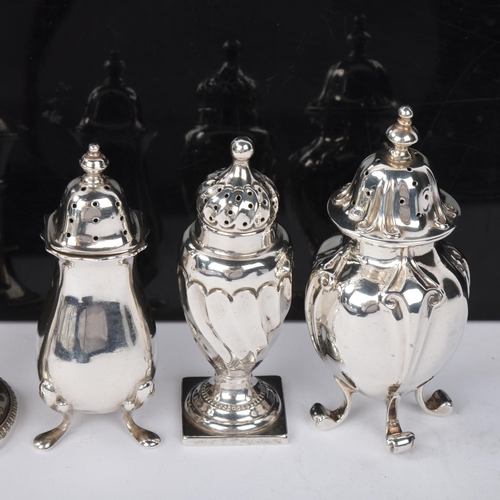 1843 - 5 Antique silver pepperettes, including Thomas Bradbury & Sons, London 1884 egg example, largest 8.5... 