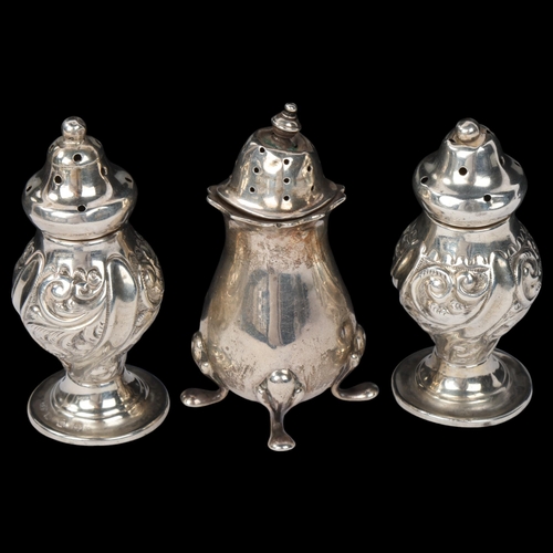 1844 - 3 Antique silver pepperettes, makers including Walker & Hall, largest 7cm, 2.2oz total