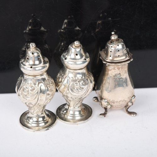 1844 - 3 Antique silver pepperettes, makers including Walker & Hall, largest 7cm, 2.2oz total