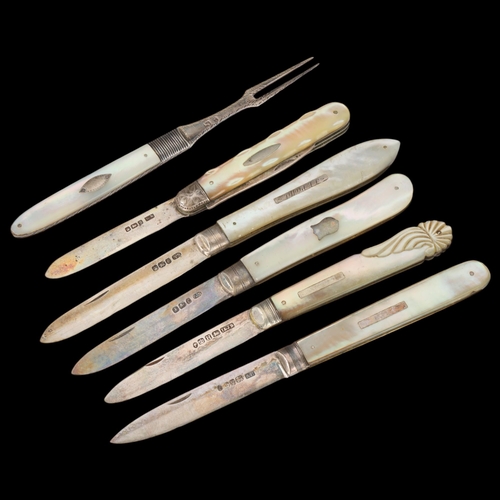 1845 - 6 Antique mother of pearl handled silver fruit knives and forks, including combination example, larg... 