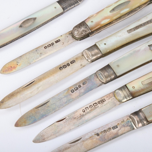 1845 - 6 Antique mother of pearl handled silver fruit knives and forks, including combination example, larg... 