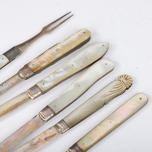 1845 - 6 Antique mother of pearl handled silver fruit knives and forks, including combination example, larg... 