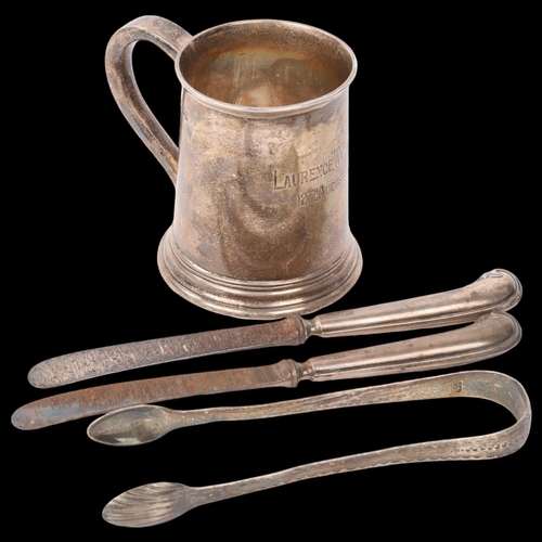 1847 - Various silver, including Edwardian christening tankard, sugar tongs, etc, 4.4oz weighable