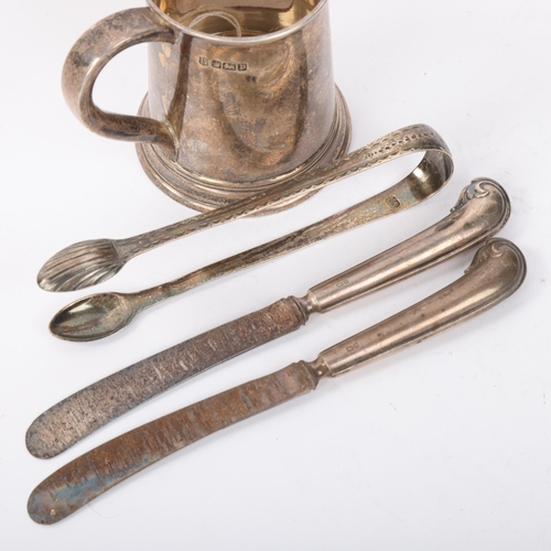 1847 - Various silver, including Edwardian christening tankard, sugar tongs, etc, 4.4oz weighable